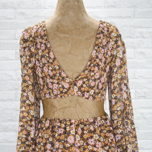 LUSH Dress Floral Fall Cut Out Bare Midriff Shirred Elastic Long Sleeve Boho SM - Picture 6 of 14